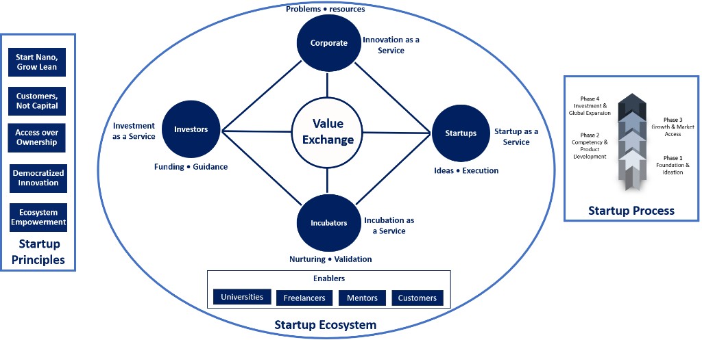NanoRise detailed Startup Ecosystem diagram showing principles, ecosystem partners, enablers, and process stages